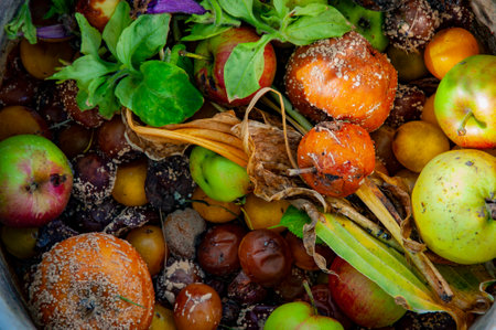 Organic waste background. Leftover meals. Uneaten groceries. Kitchen garbage. Overbuying food. Cost of food waste. Global food inequality. Food waste pollution. Rotten spoiled leftover.の写真素材