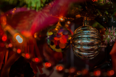 Merry Christmas. Christmas tree decoration at home for Xmas with colorful decor and lights.の写真素材