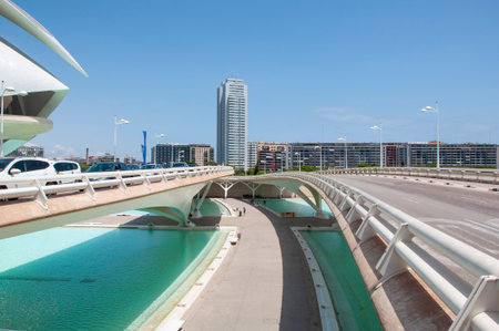 Valencia geometric architecture landmark. Geometric architecture sightseeing. Touristic city arts science. Travel to Valencia. City of arts and sciences in Valencia with pool. Travel destination.の写真素材