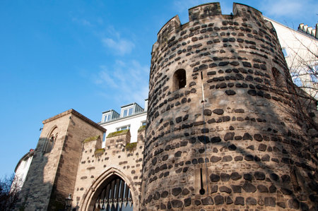 City medieval fortification. German city architecture. Town building Bonn. Building architecture. Architectural building. Historic city building. Sterntor Star Gate.の写真素材