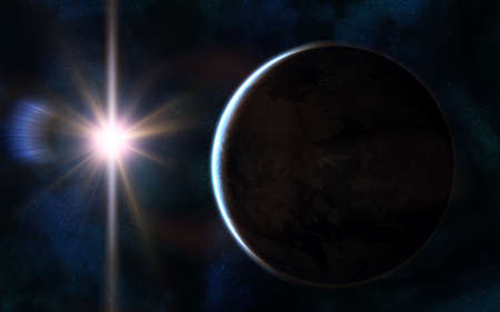 Solar system. Earth in sunlight glare. Space landscape. Image in 5K resolution for desktop...