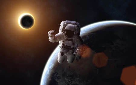 Astronaut. Solar eclipse. Moon and Earth. Image in 5K resolution for desktop wallpaper.