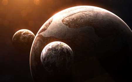 Cold exoplanet with two moons in light of red star.