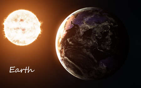 Earth against background of Sun. Solar system. Abstract science fiction. Image in 5K for desktop wallpaper. Elements of the image are furnished by NASAの写真素材