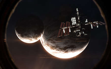 Exoplanets and  station in porthole of spaceship. Deep space in light of red star. Abstract science...