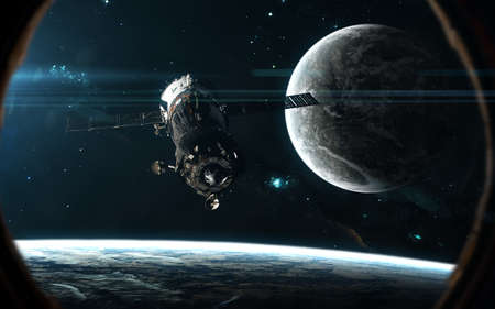 station, planets in light of blue star. Deep  landscape in porthole of spaceship. Science fiction...