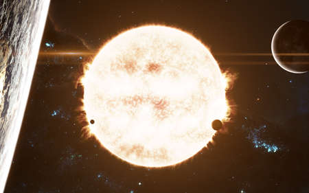 The sun. Red star of the solar system. Science fiction art. Image in 5K for desktop wallpaper.