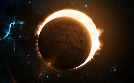 Red planet, eclipsing the Sun. Mars, solar system. Science fiction art. Image in 5K for desktop...