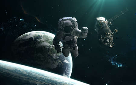 Astronaut, space station, planets and star clusters. Deep space landscape in turquoise light....