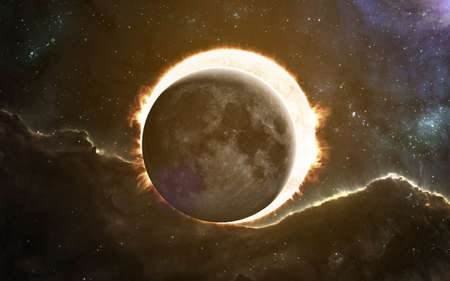Solar eclipse. The moon covers the Sun, solar system. Science fiction art. Image in 5K for desktop...