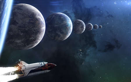 Seven exoplanets on same line. Space Shuttle, beautiful space landscape. Science fiction art. Image in 5K for desktop wallpaper. Elements of the image were furnished by NASAの写真素材