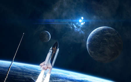 Planets, space shuttles in deep space. Nebula, star cluster. Science fiction. Elements of this image...
