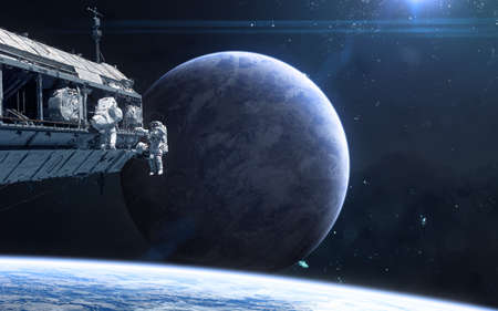 Planet in deep space. Astronauts, space station. Science fiction. Elements of this image furnished...