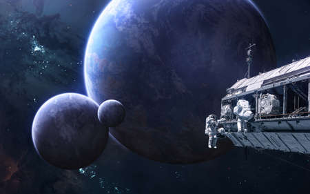 Planets in deep space  astronauts  space station. Science fiction. Elements of this image furnished...
