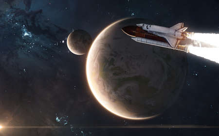 Space shuttle is flying in front of Earth and Moon. Solar system. Science fiction. Elements of this...