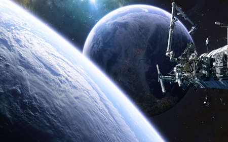 Inhabited planet, space station in deep space. Science fiction.