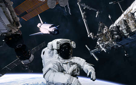 Earth orbit. Astronaut, ISS, space shuttle. Solar system. Science fiction.