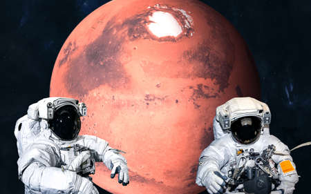 Astronauts, red planet. Mars, the solar system. Science fiction.
