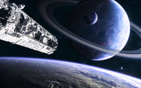 Planet with rings and satellites. Space station in orbit of deep space planet. Science fiction.