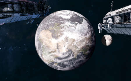 Space stations on background of Earth and the Moon in warm light of Sun. Solar system. 3D render....