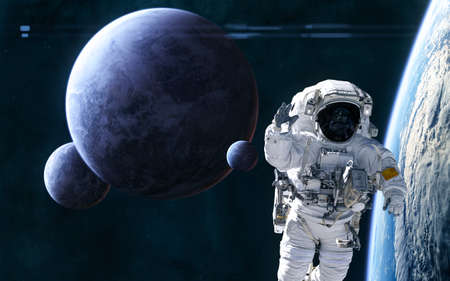 Astronaut in outer space in orbit of distant planet. Planets and satellites of deep space. Science...