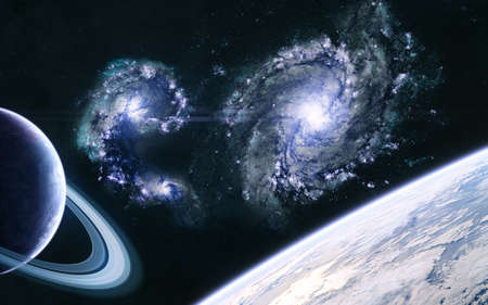 Cluster of blue galaxies, planets of deep space. Science fiction.