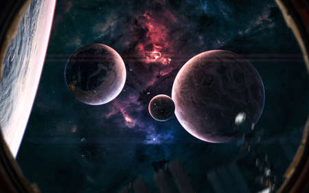 Planets of deep space against background of luminous red and blue nebulae. View from porthole of...