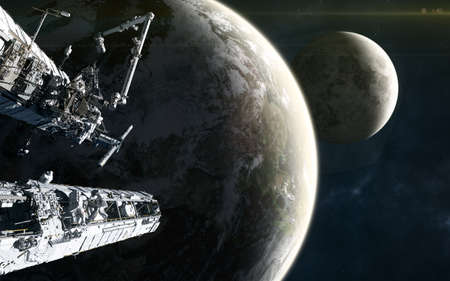 Space station on background of the Earth and the Moon in yellow light of Sun. Solar system. 3D...