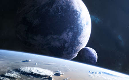 Planets in deep  in blue light. View from orbit of an exoplanet. Science fiction. Elements of this...