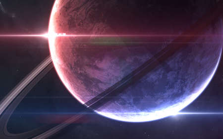 Sunrise of red and blue star. Planet in deep space. Science fiction.