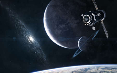 Planets on a blue galaxy background. Space station in orbit of exoplanet. Science fiction.