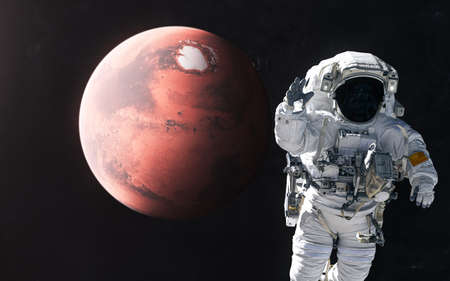 Astronaut on the background of Mars. Solar system. 3D Render. Science fiction.