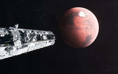 Space station on the background of Mars. Solar system. 3D Render. Science fiction.
