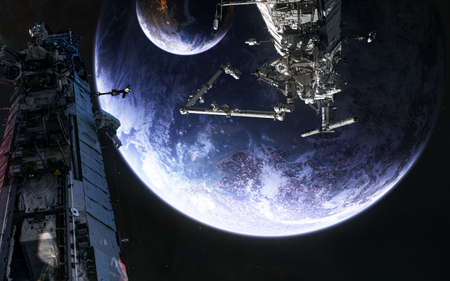 Space stations, planets in deep space. Science fiction.