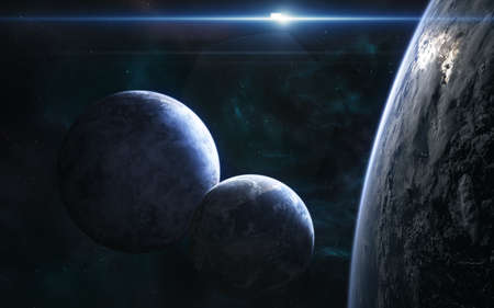 Planets of deep space in the light of a blue star. Science fictionの写真素材