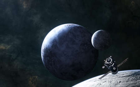 Space station on the background of the planets of deep space. Science fiction.