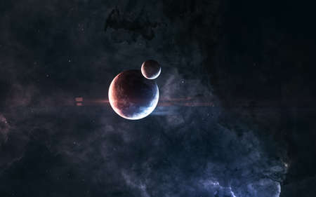 Planets on background of nebulae in red and blue light somewhere in deep space. Science fiction.