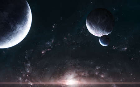Planets in background of red spiral galaxy somewhere in deep space. Science fiction.