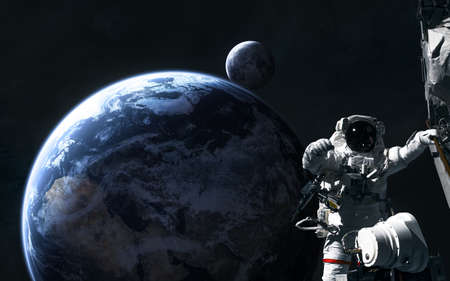 Planet Earth. Moon. Astronaut. Solar system. 3D Render. Science fiction.