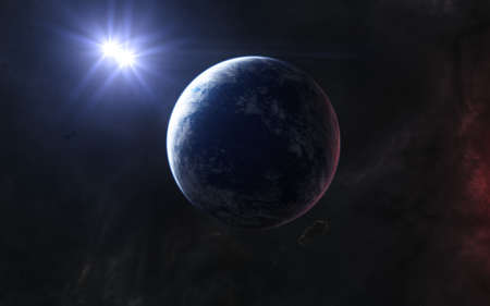Planet in blue light of double star somewhere in deep space. Science fiction.
