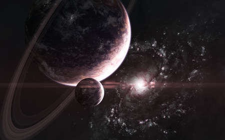 Inhabited planets on background of galaxy. Somewhere in deep space. Science fiction.