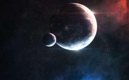 Deep space planets in blue and red light. Science fiction.の写真素材