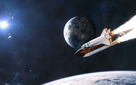 Deep space. Space shuttle orbiting planet in light of blue star. Science fiction.