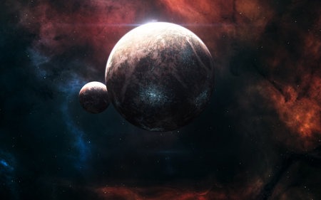Inhabited planets in background of deep space nebulae. Science fiction.