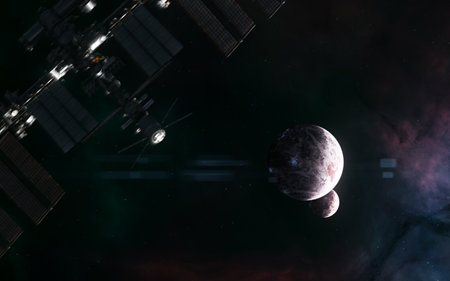 Distant planets in the depths of dark space. Space station blurred in motion. Science fiction.
