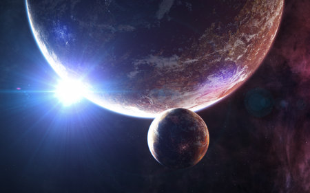 Inhabited planets of deep space. Rising of blue stars. Science fiction.