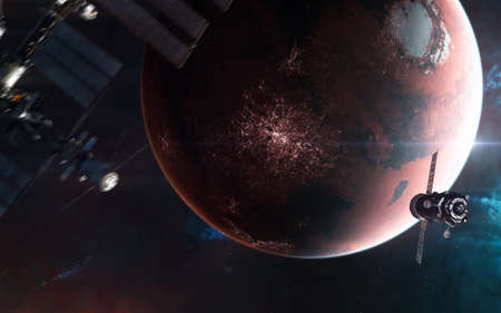 Inhabited Mars. Space station blurred in motion against backdrop of red planet of solar system. 3D...