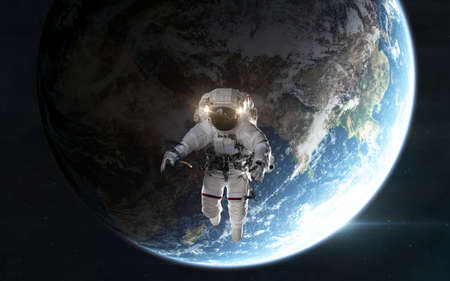 Astronaut orbiting planet Earth in outer space. Solar system. 3D render. Science fiction.