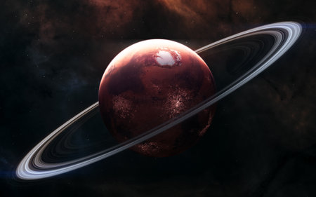 Red planet of solar system. Inhabited Mars with rings. 3D render. Science fiction.