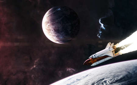 Planets in deep space. Space shuttle in orbit. Science fiction.の写真素材